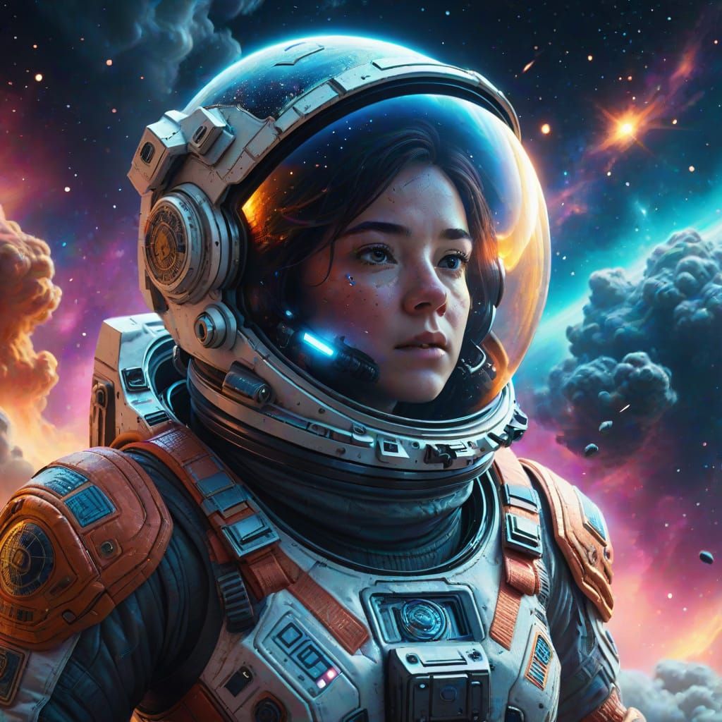 Imagine a female astronaut drifting through a nebula of swirling colors, their spacesuit adorned with ...  by @Ari_mermaid06