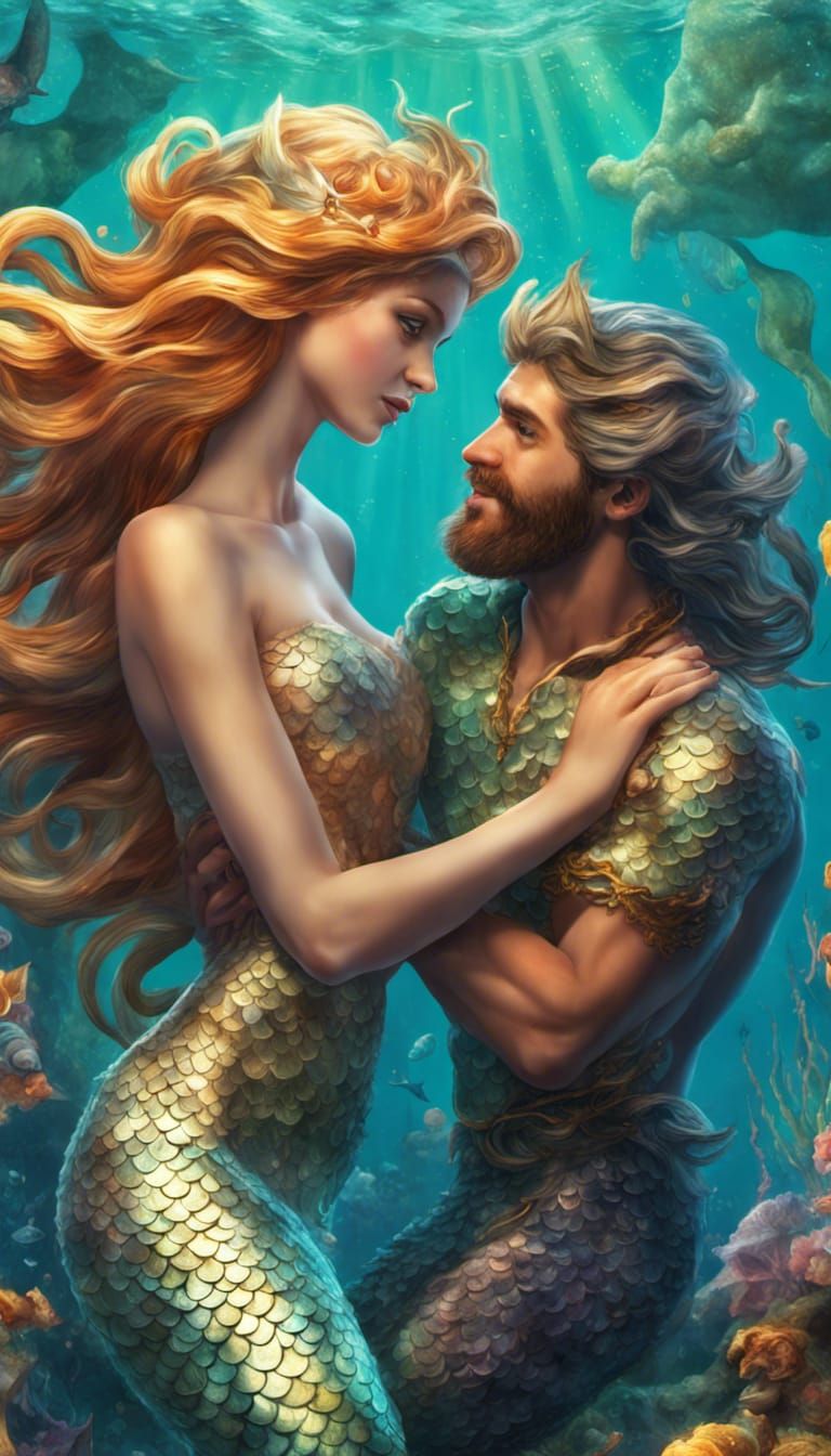 The beautiful mermaid and merman in love  underwater photorealistic intricately detailed HDR detailed complex 8k resolut...