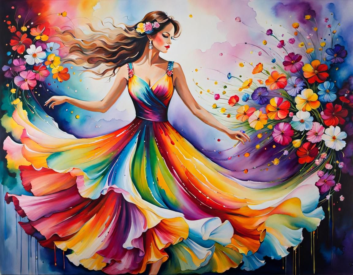 a impressionism painting of a woman , wearing long twirling ...