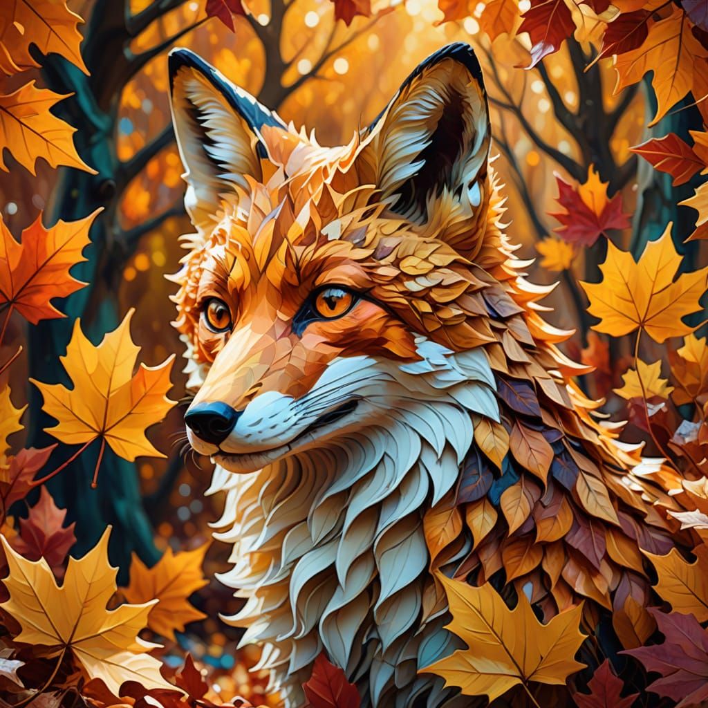 A fox sculpted from swirling autumn leaves and wild wind, its tail unfurling in a vibrant ribbon of color and kinetic grace.