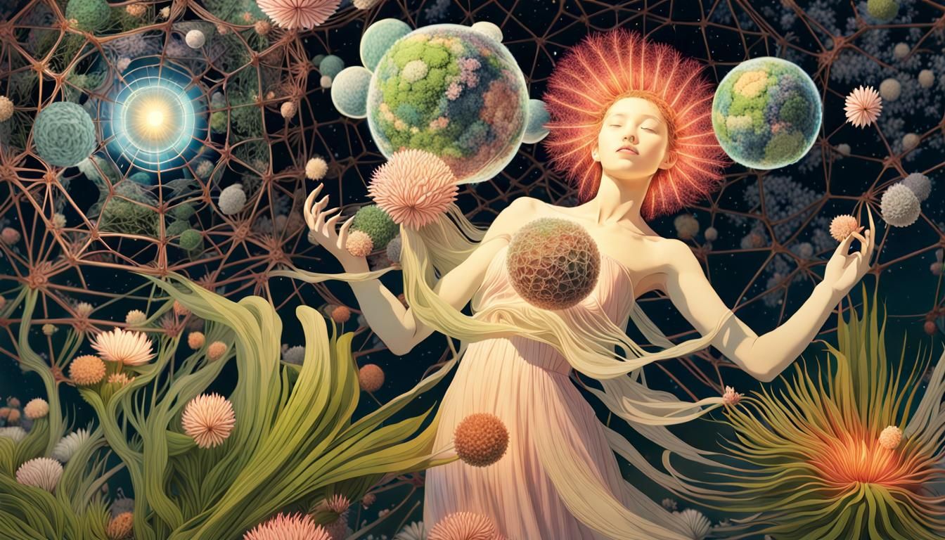 Limit Your Social Media Use in stargazing platform with rotating sphere in motion trapped in flowers mycelium network, i...