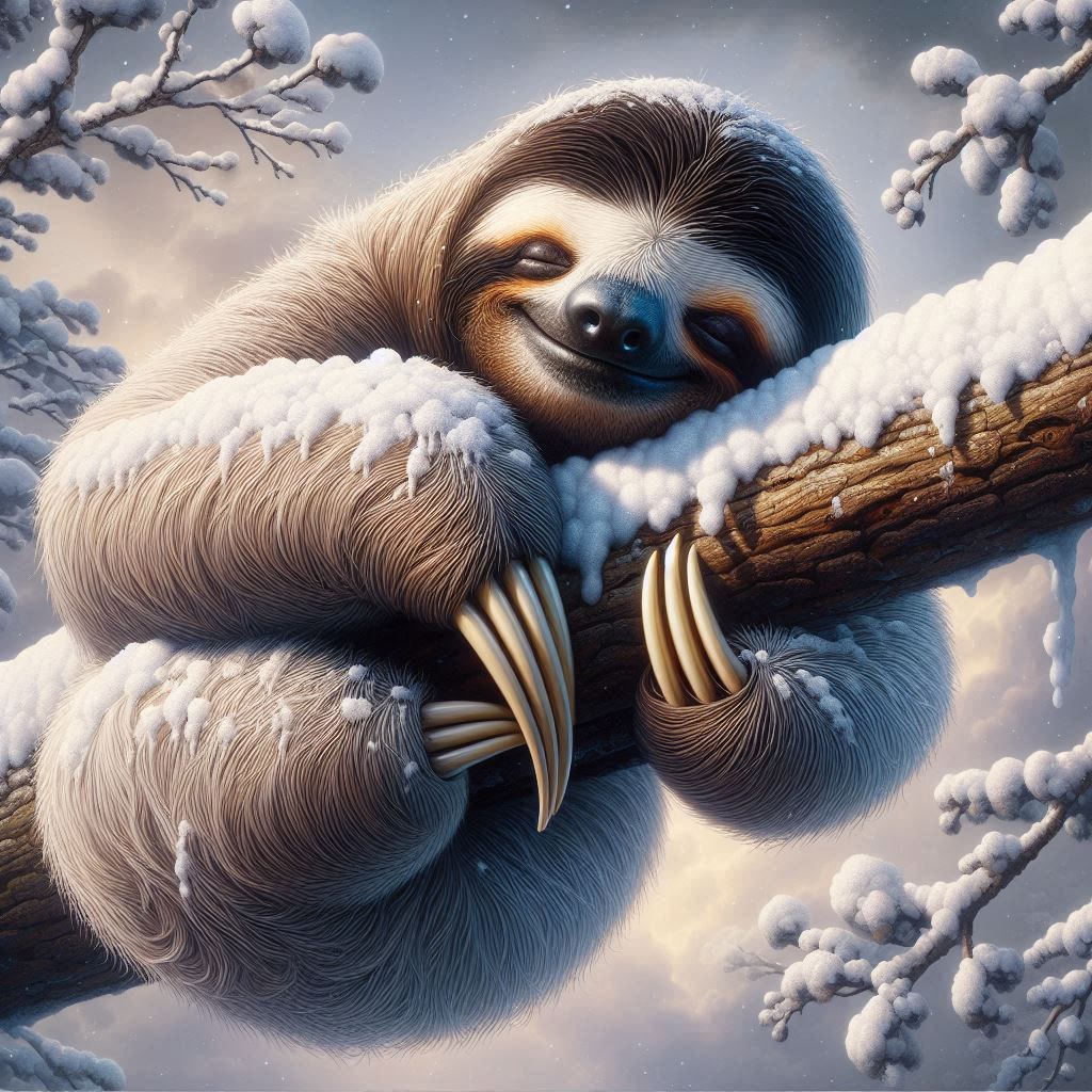 Sloth sleeping in the snow