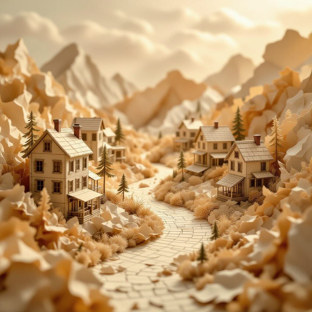 A landscape made entirely of crumpled notebook paper. Dreamlike atmosphere. A whimsical, slightly faded sepia tone. Intricate papercraft det...