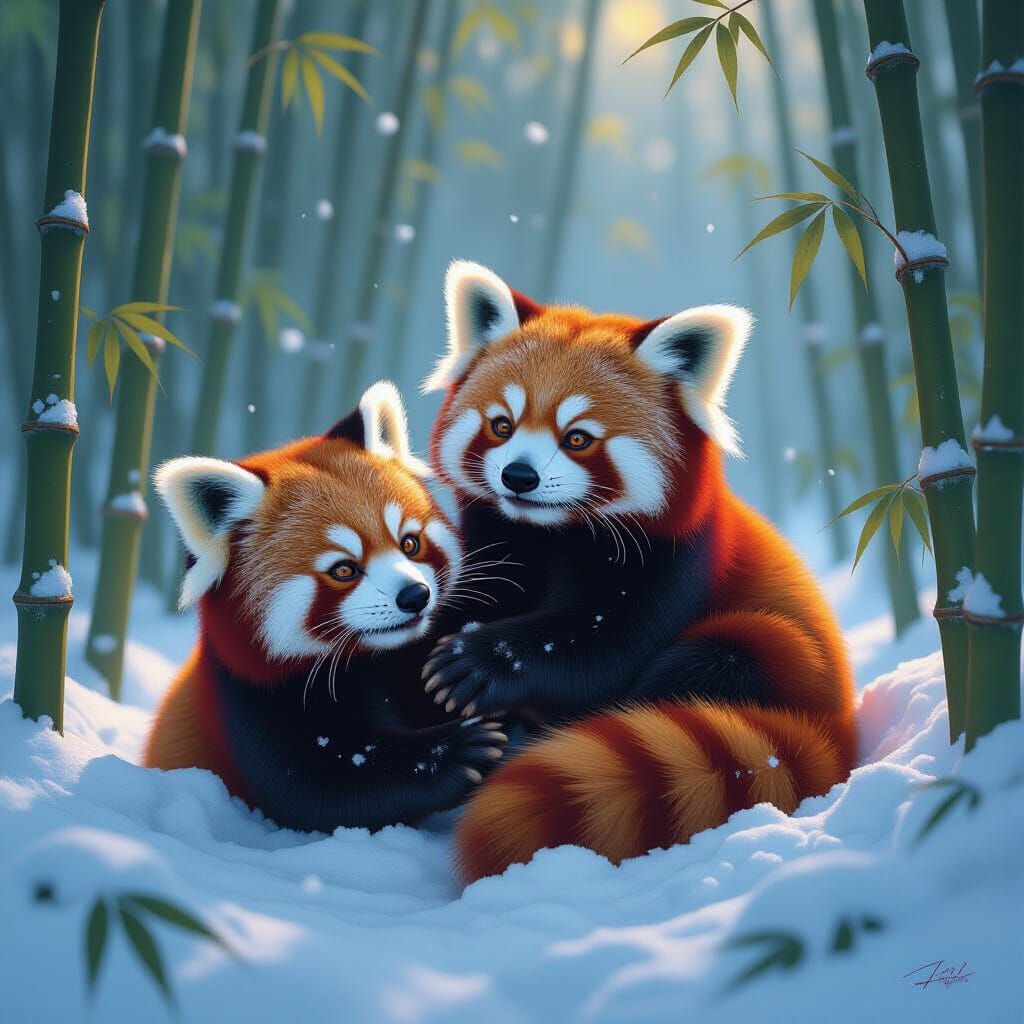 Red pandas playing in the snow