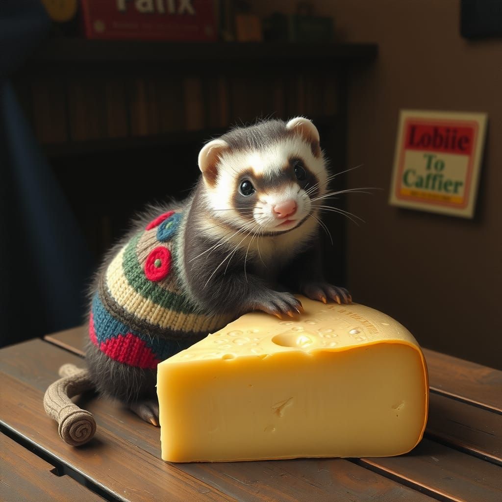 a knitted ferret playing with a wheel of cheese