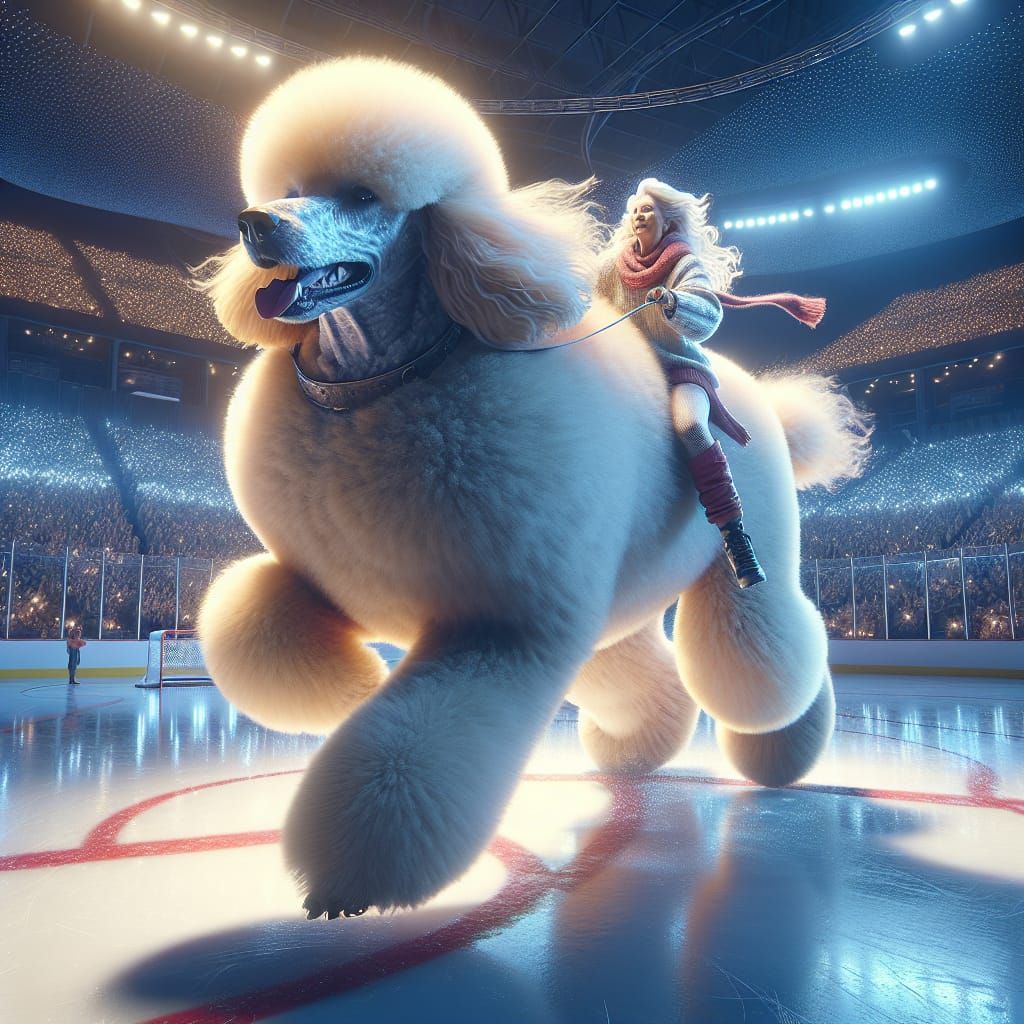 My cousins wife riding the dog on an ice hockey rink
