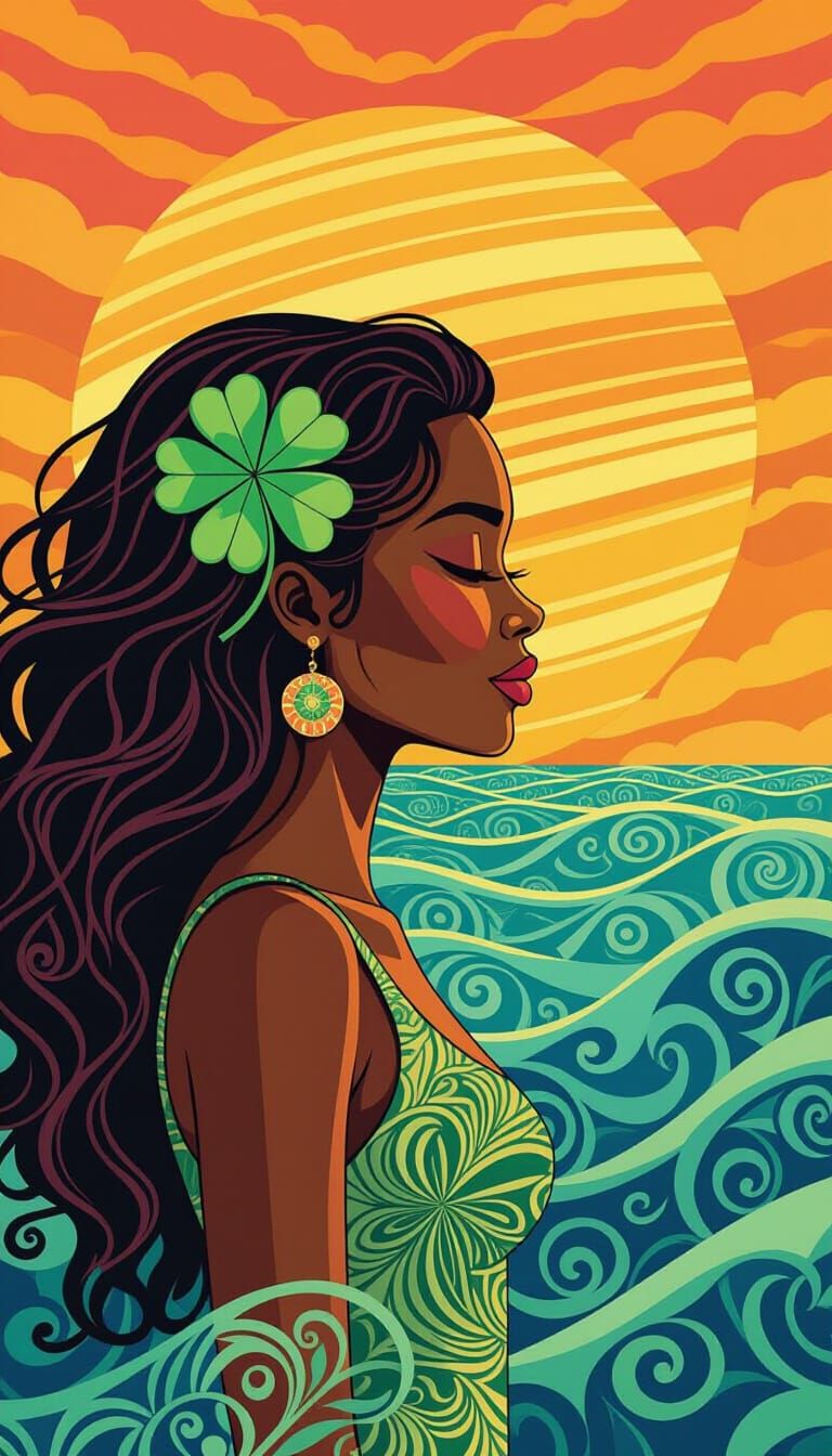 Surfer Girl with Clover, Sunset, and Planet in Vector Fracta...