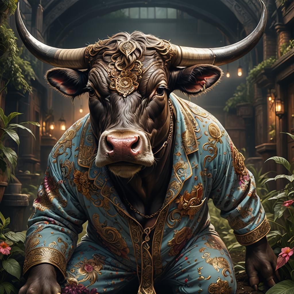 a bull with nose ring tattooed face wearing pyjamas taking a...