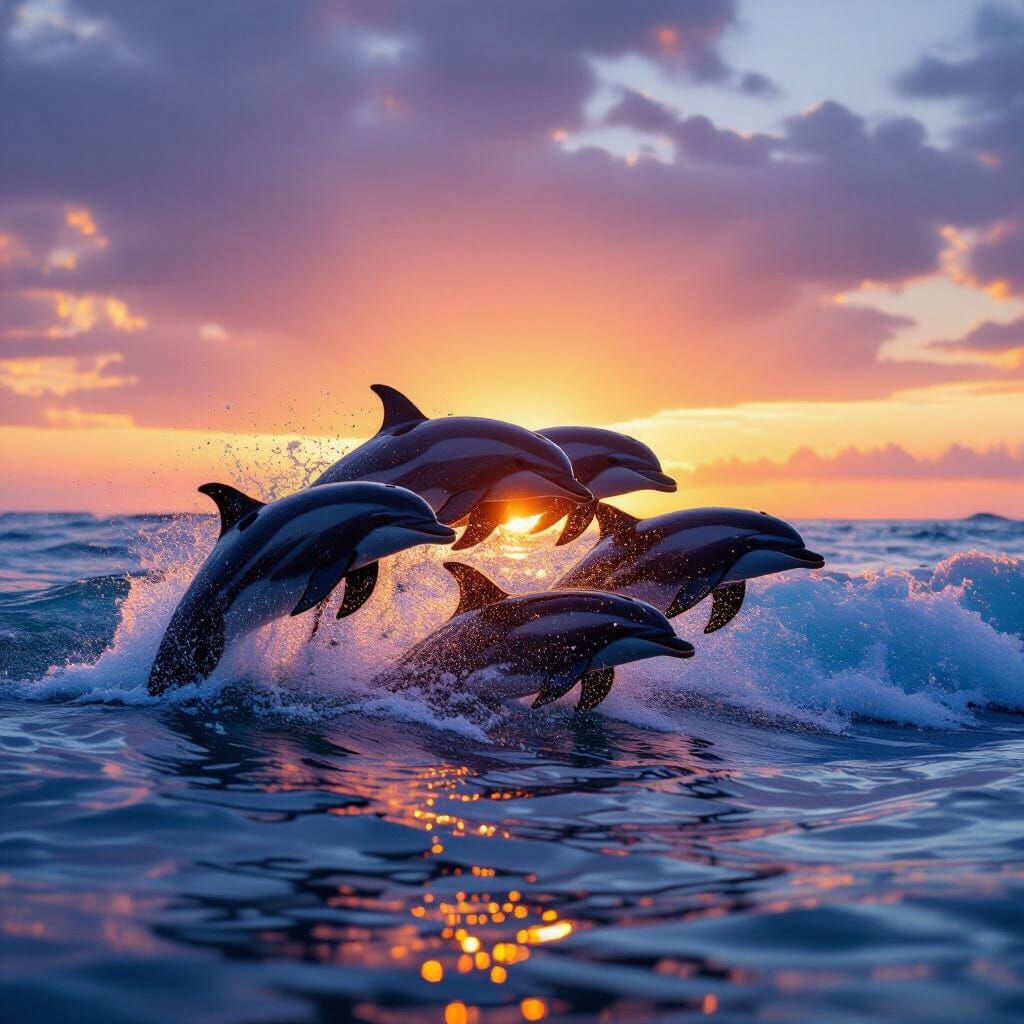 Dolphins Leap From Ocean Wave at Sunset