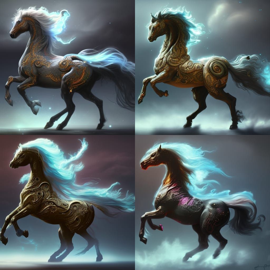 black cotton candy horse, cosmic horror, beautiful, graceful...