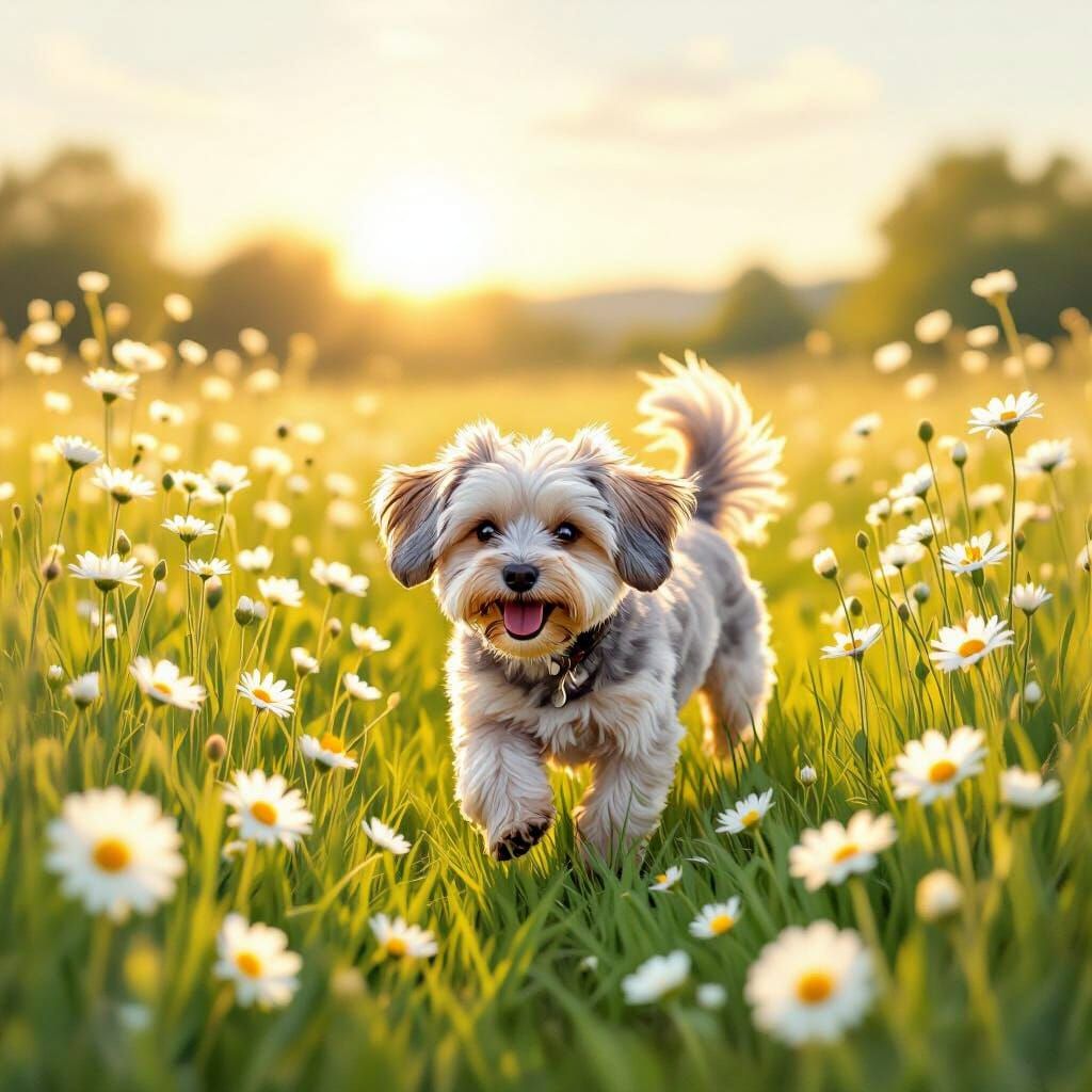 A little dog with a light gray coat, outside on a sunny day in a wide-open field with beautiful white and yellow daisies. The grass is lusci...