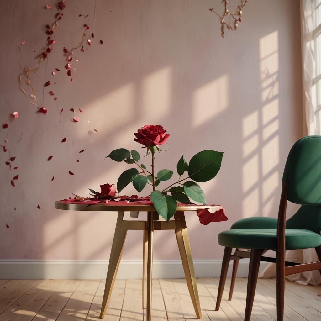 Red Rose on Burgundy Table, Oil Painting Style