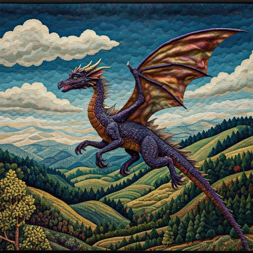 A fabric-made dragon with silk wings in flight against a detailed fabric landscape  by @Kallistratia