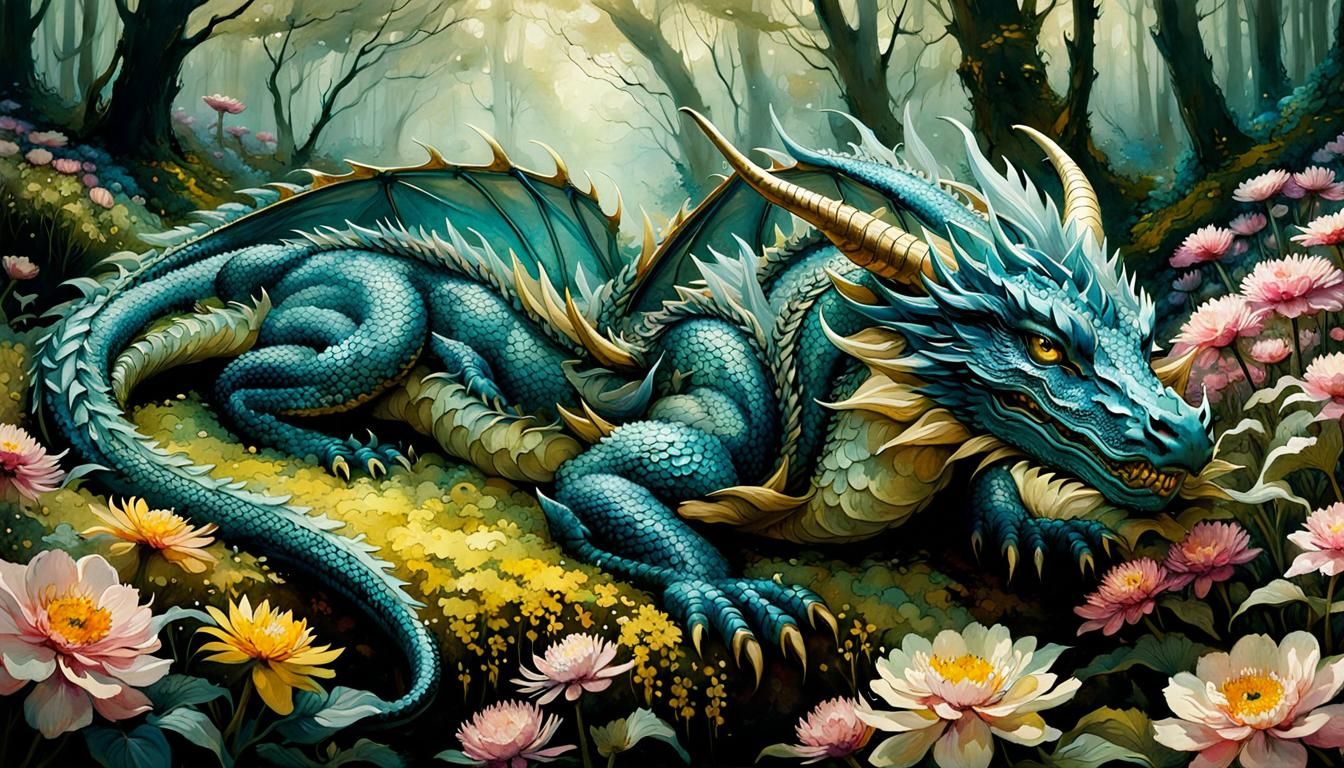 A beautiful detailed dragon sleeping in a bed of flowers in a beautiful ...