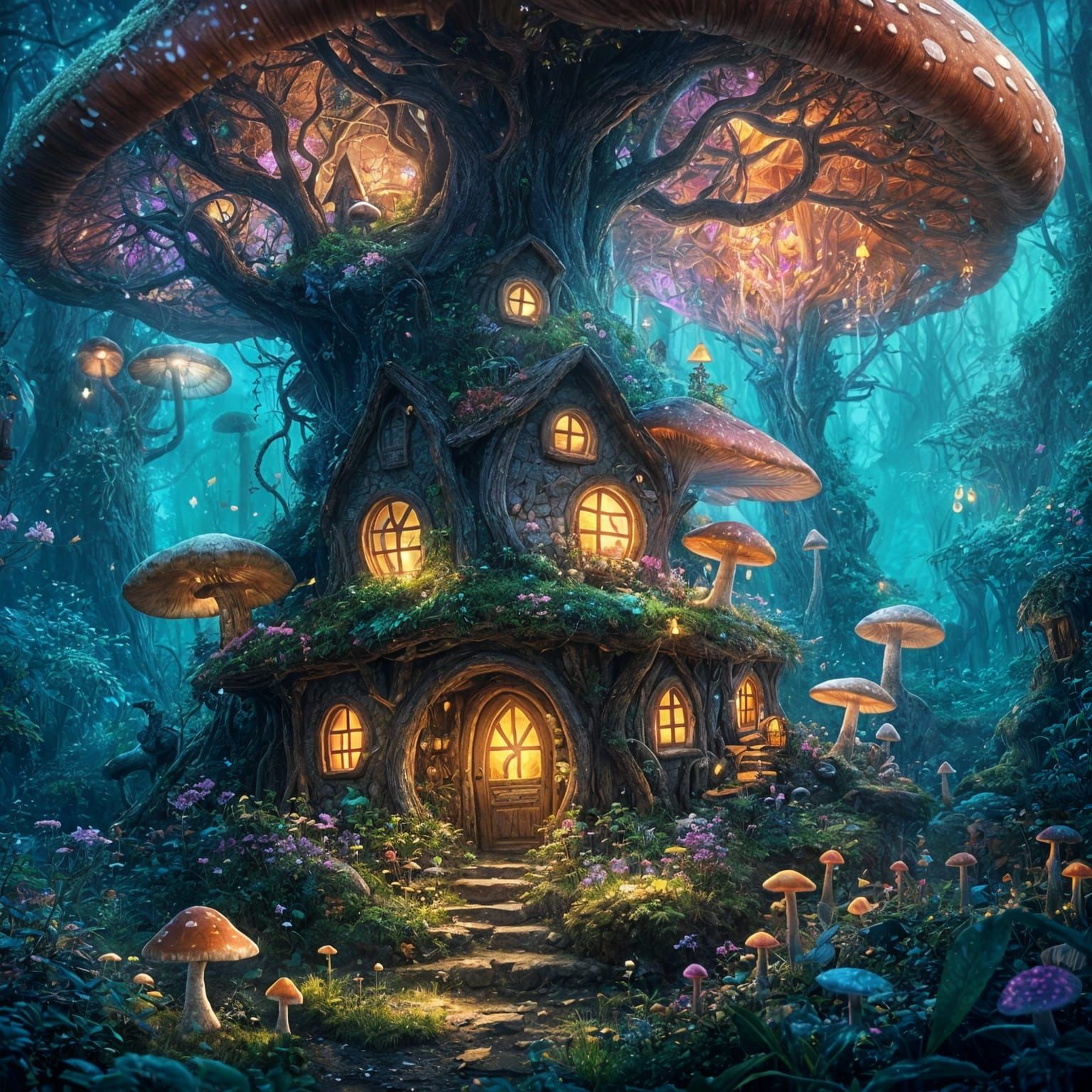 <lora:Dreamy Darkness V2:1.0> A fairy mushroom house in an enchanted bioluminescent forest.