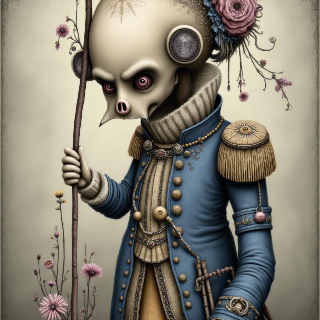 <lora:DIGI-DOLLYING AROUND:1.0> a whimsical and surreal illustration of an anthropomorphic skeleton in the style of naoto hattori, gothic un...