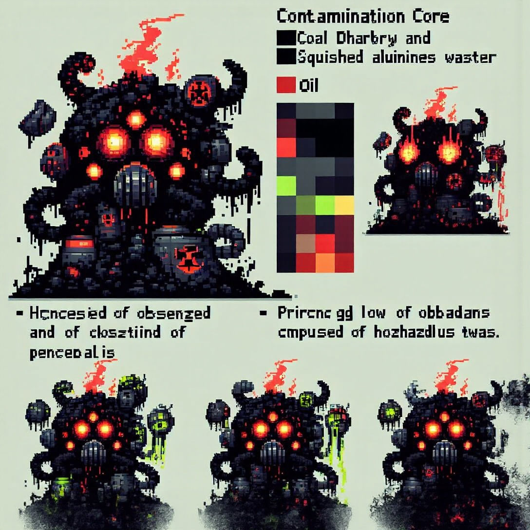 Prompt utama:
“A pixel‑art character sprite sheet (4 rows × 4 columns, total 16 frames) of a monster called “Pollution Core”. The monster ha...