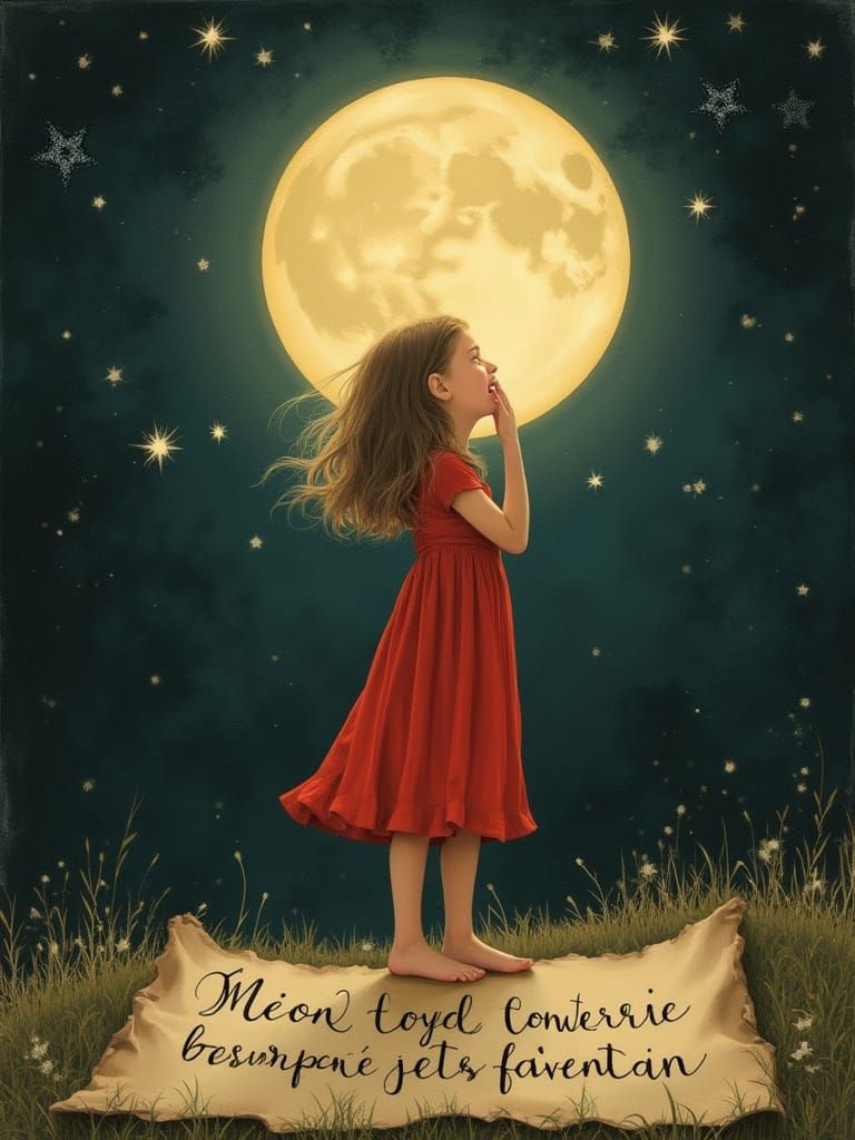 Girl in Red Dress Cries Under Luminous Moon