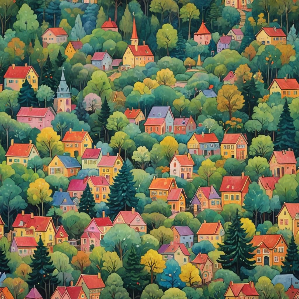 Whimsical Village Gouache Painting in Naive Impressionist St...