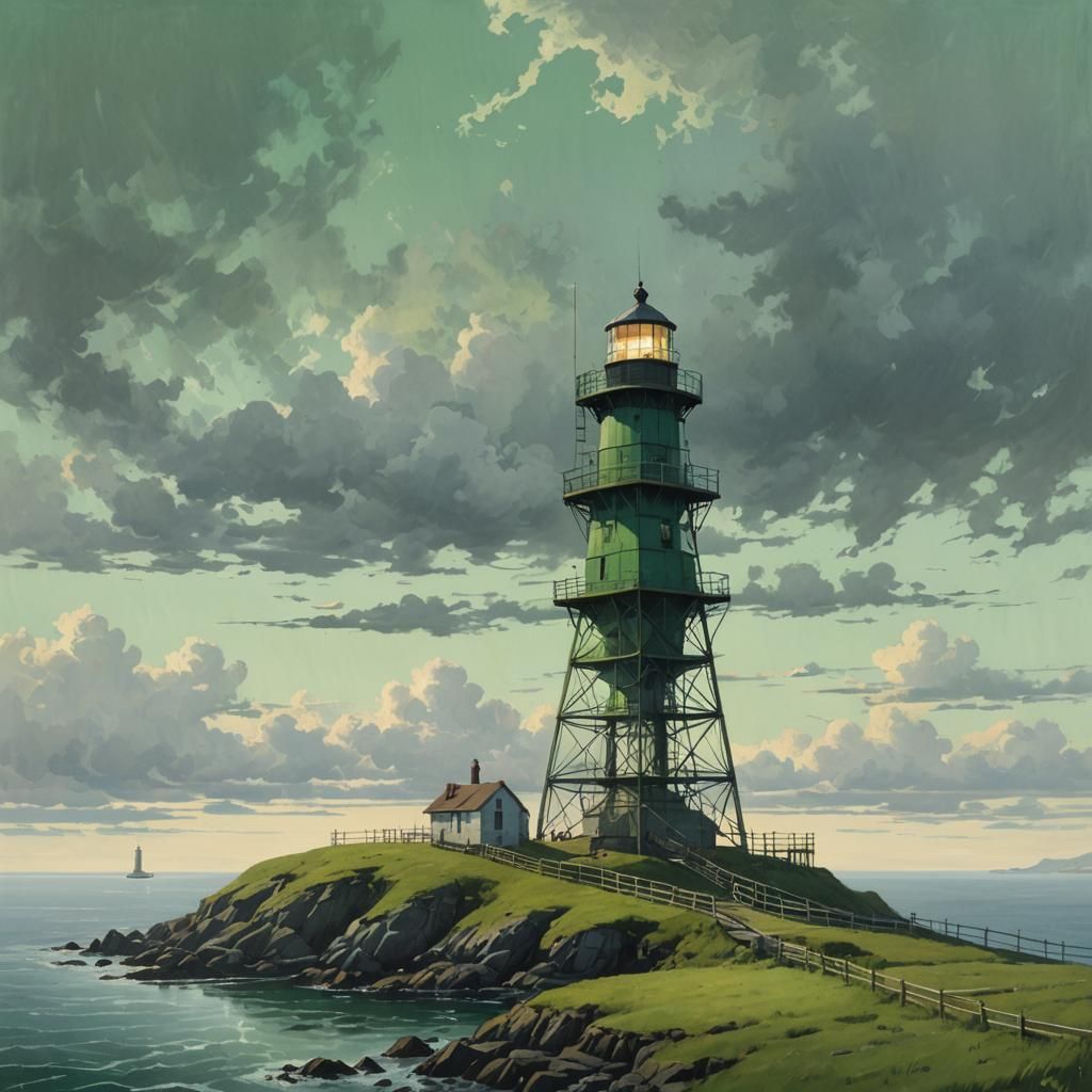 old lighthouse standing on a small green hill with a calm se...