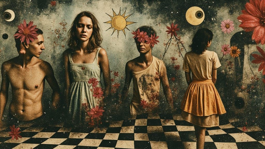 <lora:Mythprint:1.0>  mixed media surreal Elongated abstract absurd creatures in naive folk art attire dancing a conga line, adorned with vi...