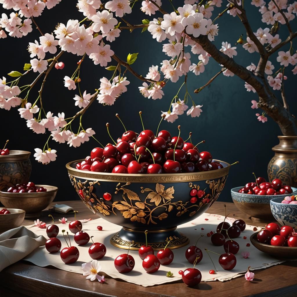 Still Life: Cherries, all colors and variety with cherry blossoms around the bowl.  by @Bunnzo