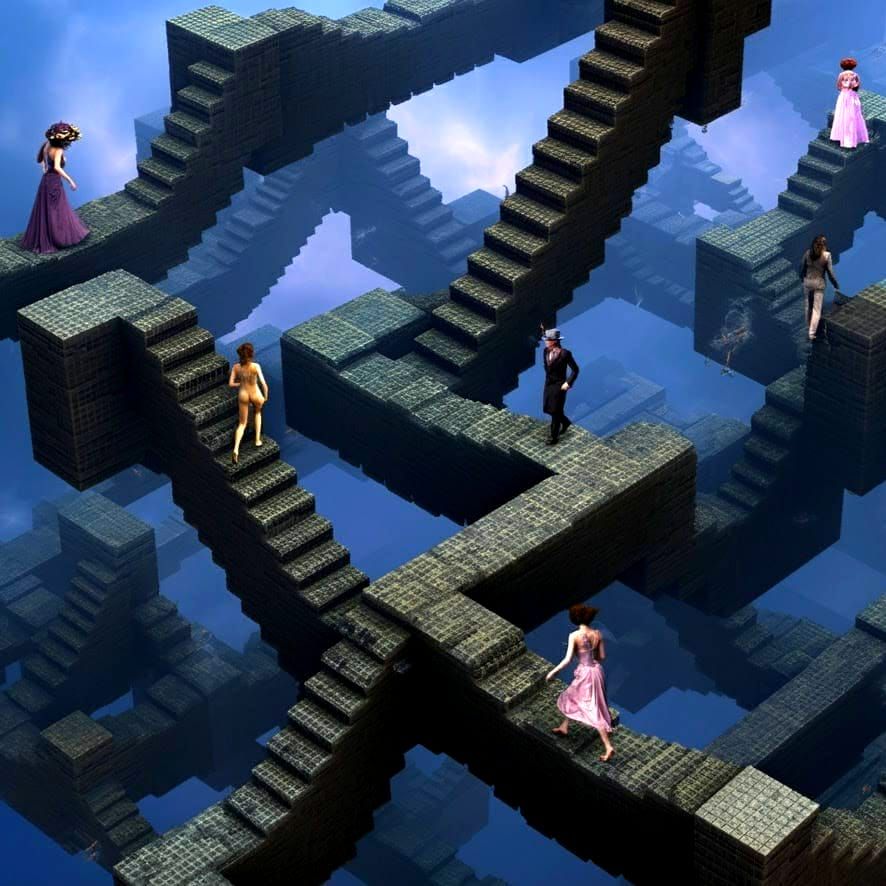 Elegant Ladies Navigate a Fractal Stairway Maze
