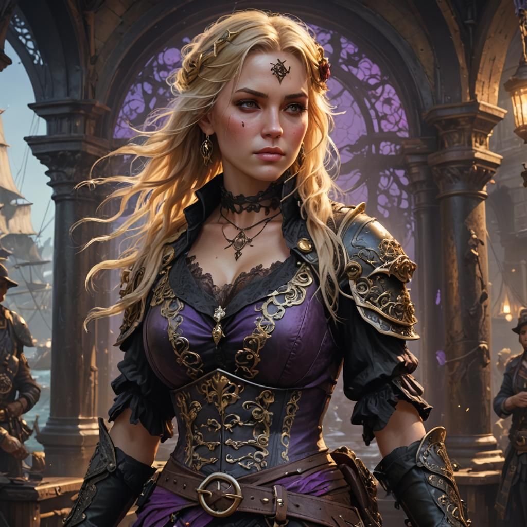 A Female Pirate with blonde hair & wearing black lace armor