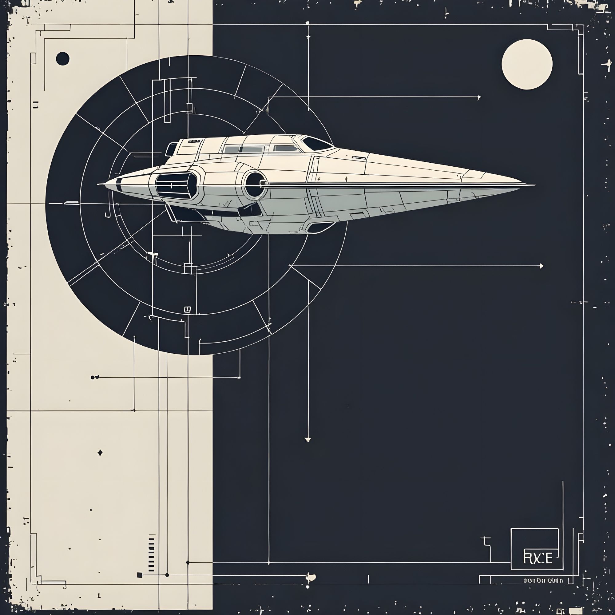 Album back cover, minimalist design. On the left side, a technical blueprint or schematic diagram of a retro-futuristic spaceship, rendered ...