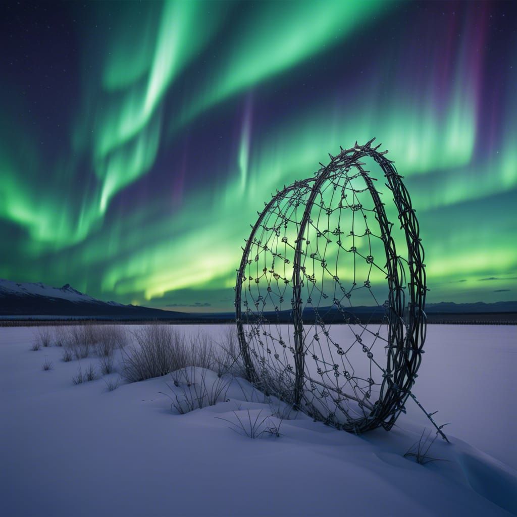 razor wire in a winter field under the northern lights