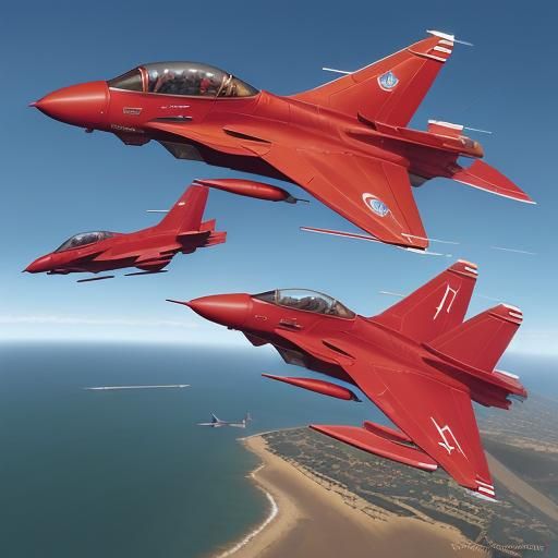 Colourful Red arrows display team flying over jersey in clea...