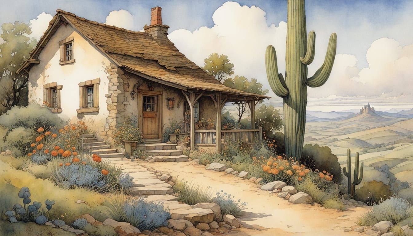 Arizona Night Storybook Illustration with Adobe House