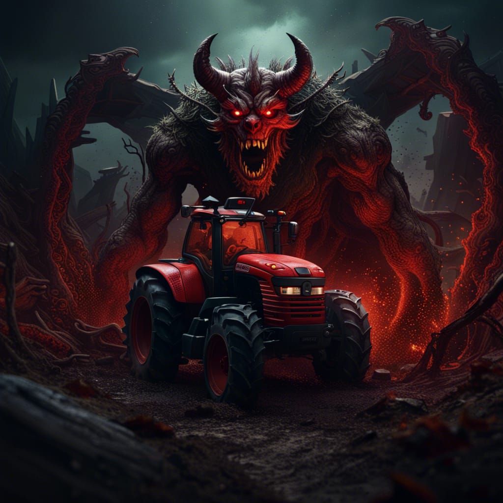 A scary devil rips a tractor detailed matte painting, deep c...