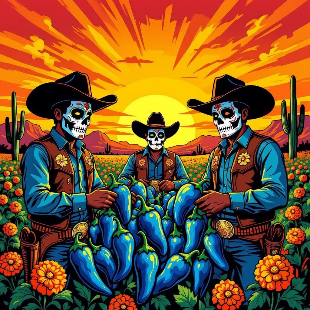 Dia de los muertos cowboys in the style of Posada rounding up the mythical and wild cerulean blue rocopeño chile peppers just in time for Di...