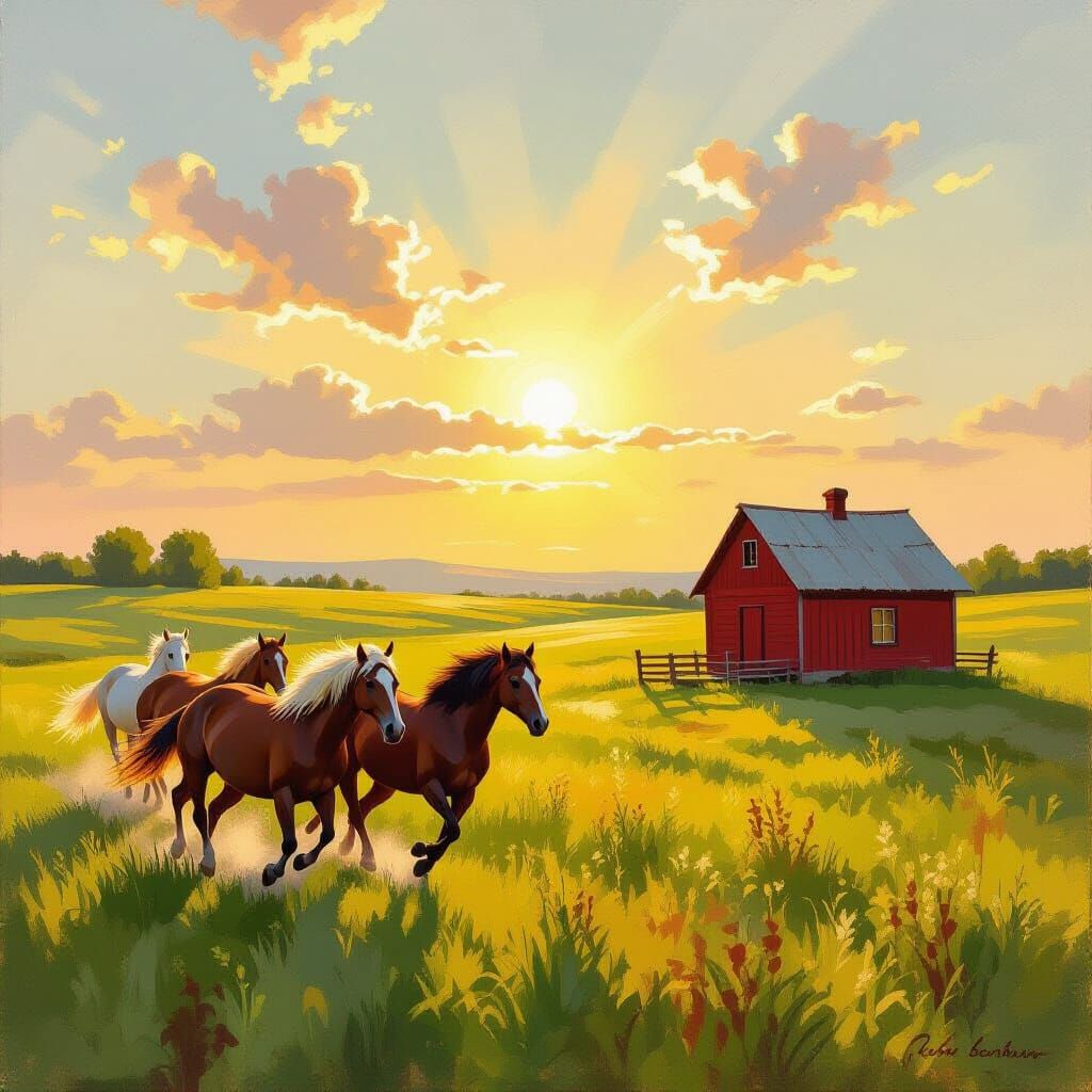 Wild Horses Gallop Through Sunlit Field