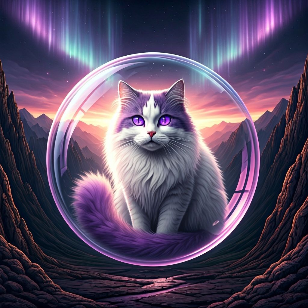 White Cat in Floating Bubble with Purple Aurora