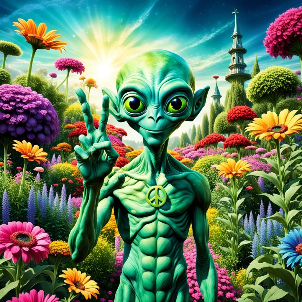 In a stunningly vivid photograph, a portrait of a friendly green alien with big eyes  by @Linda