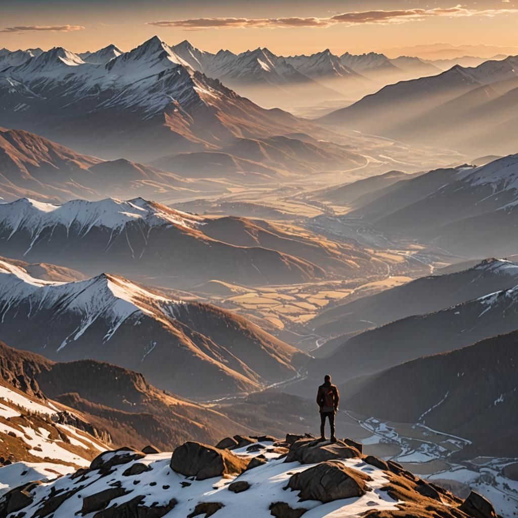 breathtaking mountainous landscape. A lone figure stands on ...