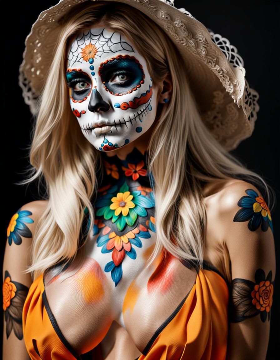 A beautiful woman wearing colorful Día de los Muertos face p...