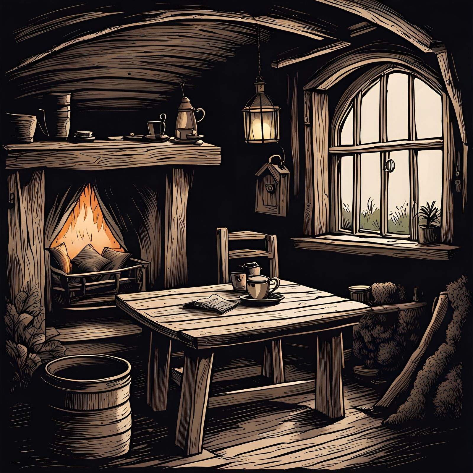 Cosy Hobbit hole interior by firelight. Lithograph.
