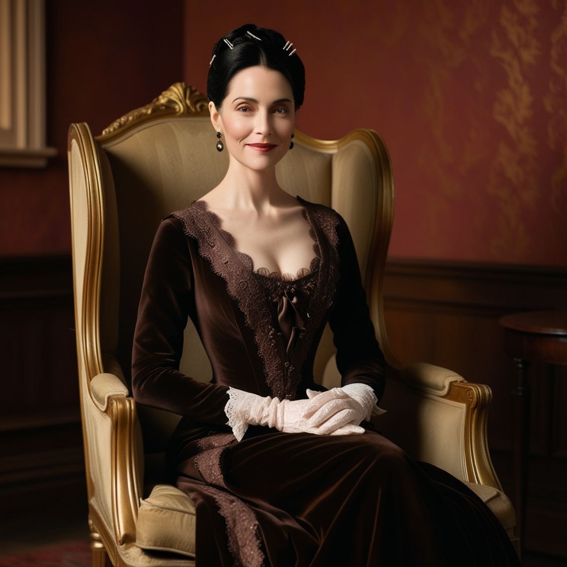 a Dickensian woman sitting in a chair