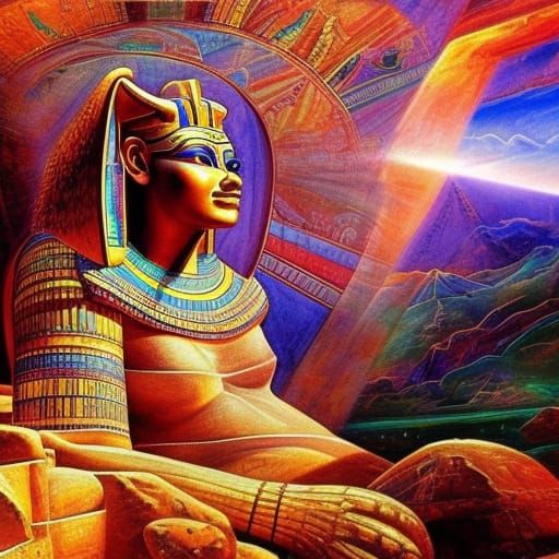 Ancient Egypt Sphinx and Pyramids blue shy white clouds volumetric ...