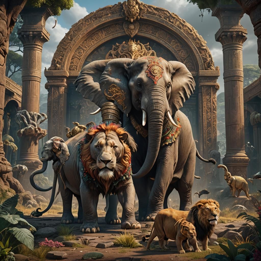 Elephant and lion in front of