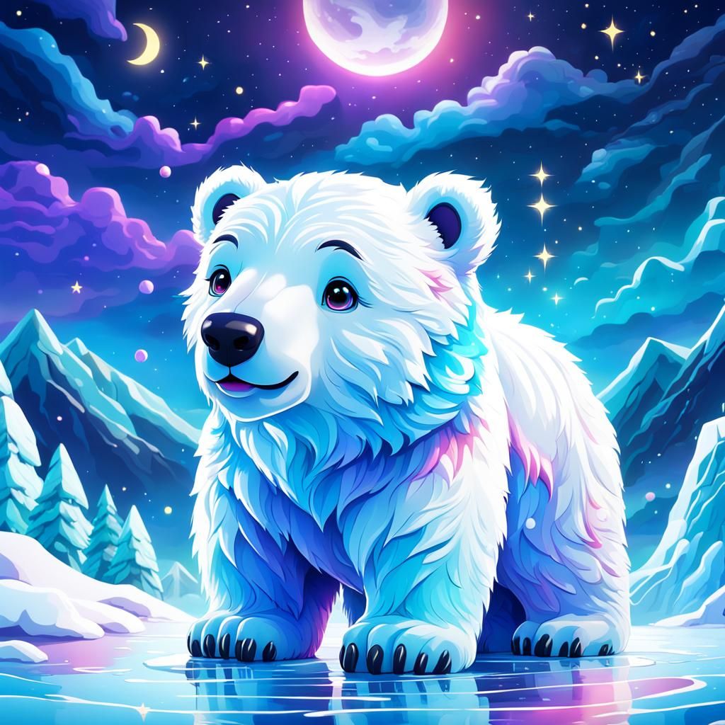 Cute chibi polar bear on the ice with a night sky Lisa frank...