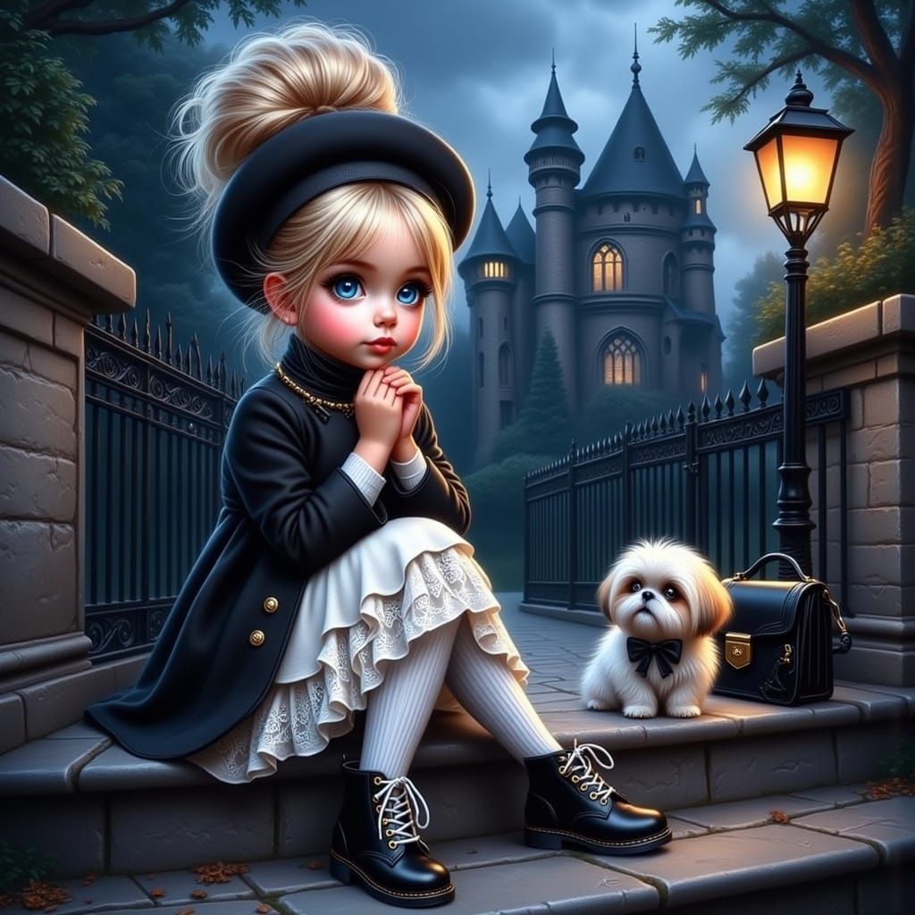 <lora:Expressive eyes:1.0> A whimsical illustration depicts a young girl sitting on stone steps in front of a grand, gothic-style castle at...
