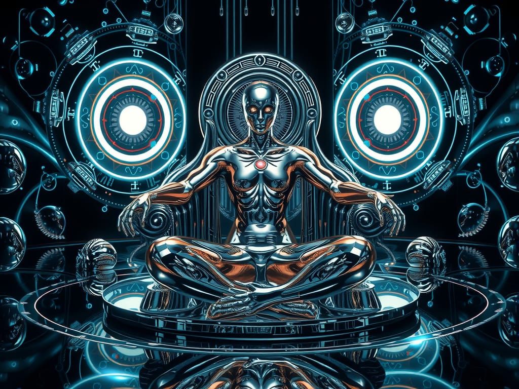 Futuristic oracle, polished chrome body, seated on a throne of shifting ...