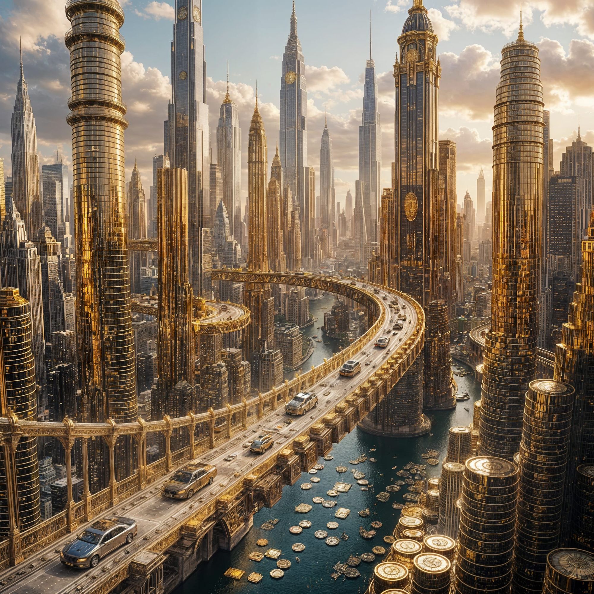 A sprawling fantasy cityscape where towering skyscrapers are intricately constructed from stacks of gold coins and shimmering banknotes. Bri...
