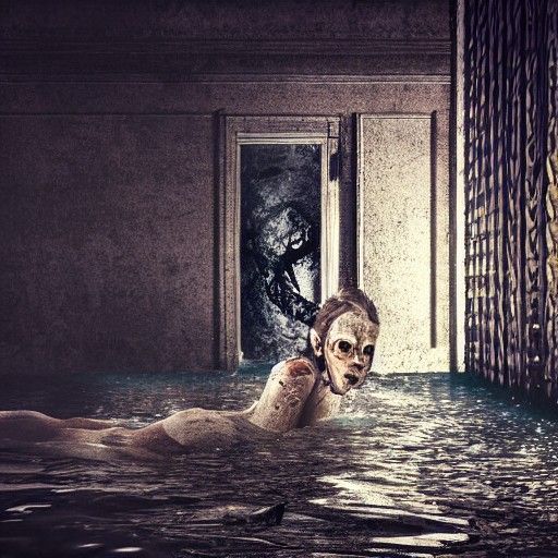 photo realistic, creepy small dark flooded dirty dilapidated...