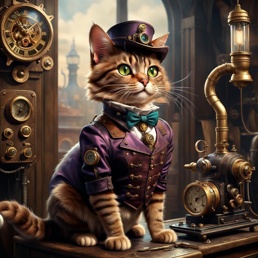 Steampunk Cat style of Ciro Marchetti AI Generated Artwork