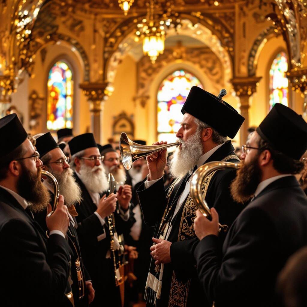 Rabbi Blowing Shofar with Hasidic Men in Golden Synagogue